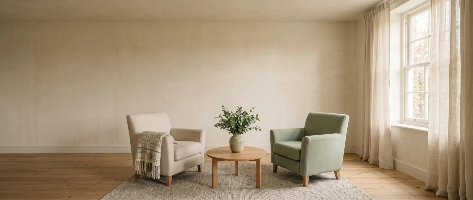 Two armchairs and a low table in a calm, private room